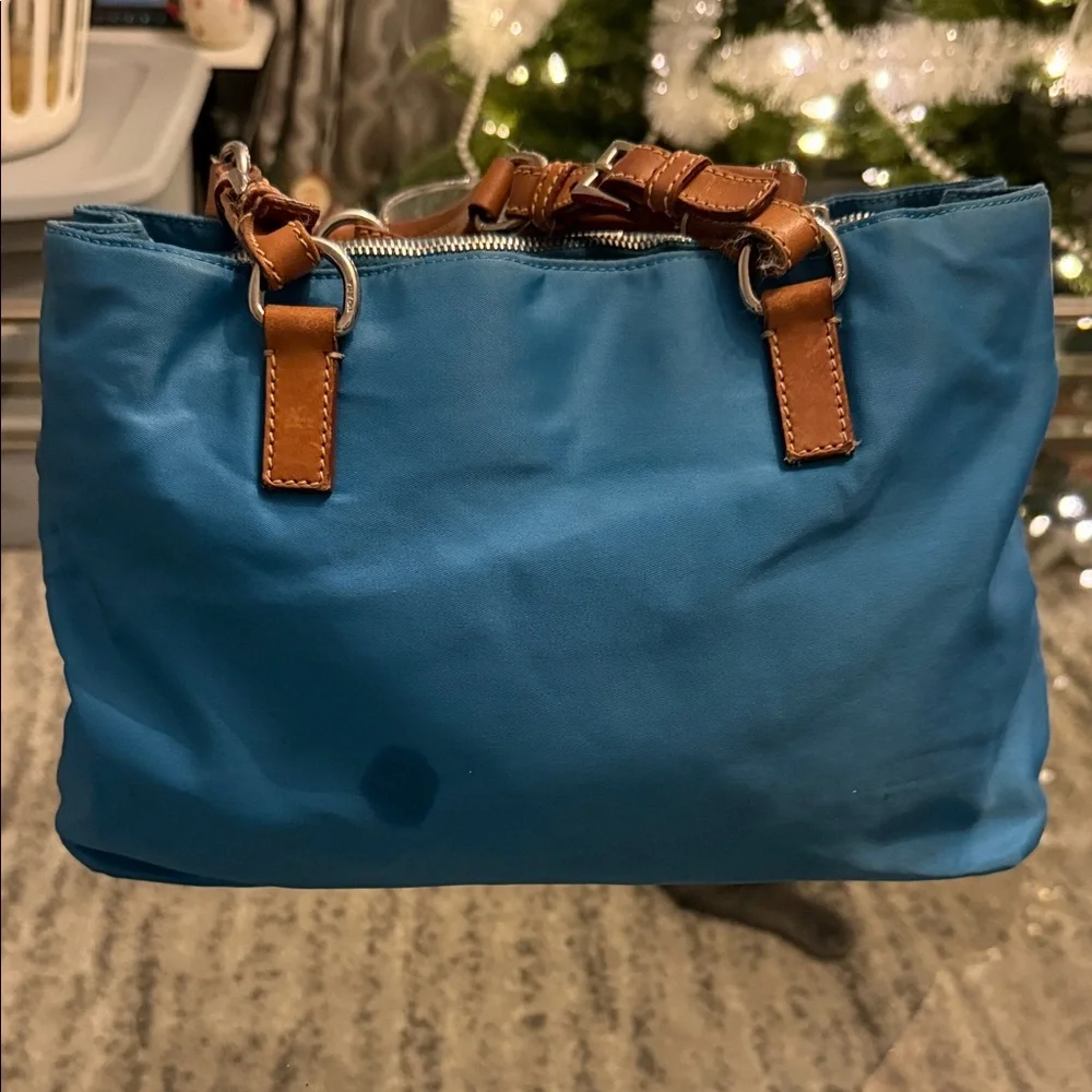 Prada Teal Nylon Tote with Brown Accents - Picture 2 of 8
